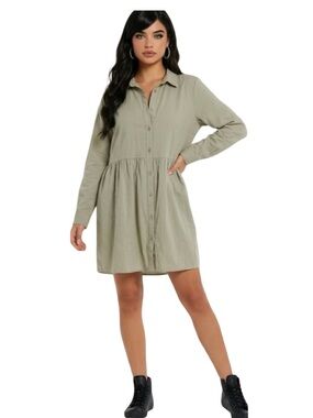 🛍️ ASOS DESIGN Long Sleeve Cotton Mini Shirt Button light Sage Green Green Sz 18